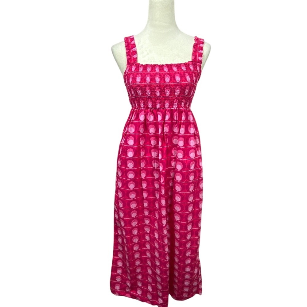 Zara Sundress Smocked Pink‎ Polka Dot Sleeveless Midi Dress XS Beachy Vacation